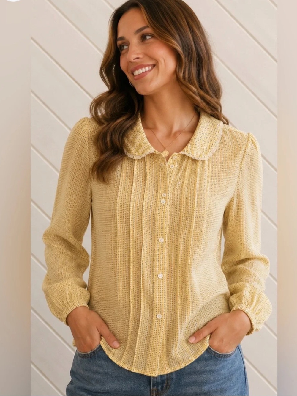 Vintage Juicy Couture Pale Yellow Knit Button-Down Blouse with Peter Pan Collar